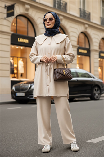 İthal Pamuklu Tensel Kumaş Fermuarlı Ceketli Apoletli Yakalı Takım Bej