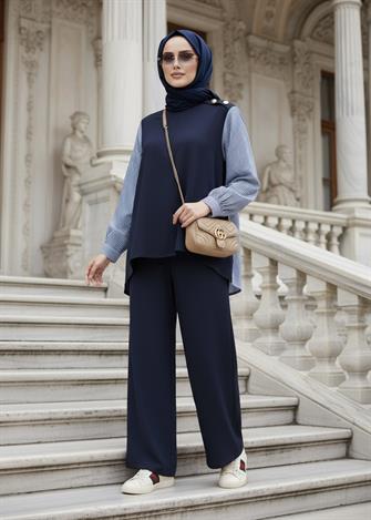 Maribel  İkili Takım – Çizgili Gömlek Detaylı Lacivert