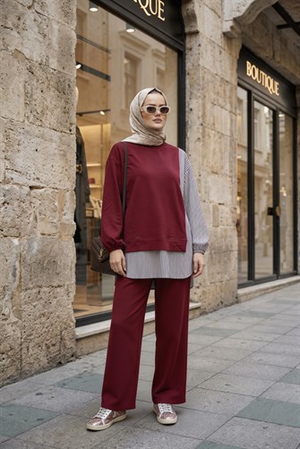 Kadın Tesettür Takım  Line İkili Gömlek Takım AçıkBordo