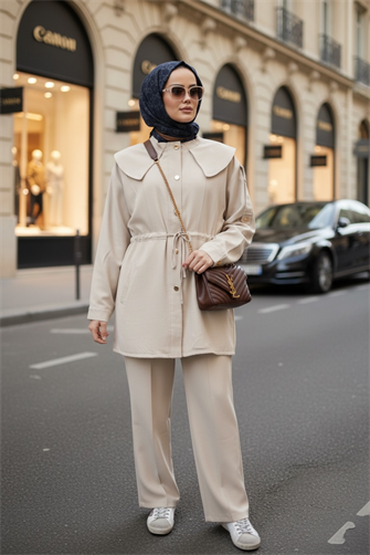 İthal Pamuklu Tensel Kumaş Fermuarlı Ceketli Apoletli Yakalı Takım Bej