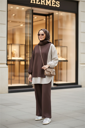 Kadın Tesettür Takım Line İkili Takım Gömlek  KoyuKahve