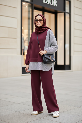 Kadın Tesettür Takım Line İkili Gömlek Takım KoyuBordo