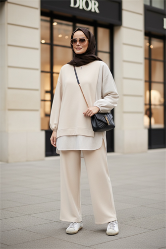 Kadın Tesettür Takım  Line İkili Gömlek Takım Vanilyarenk