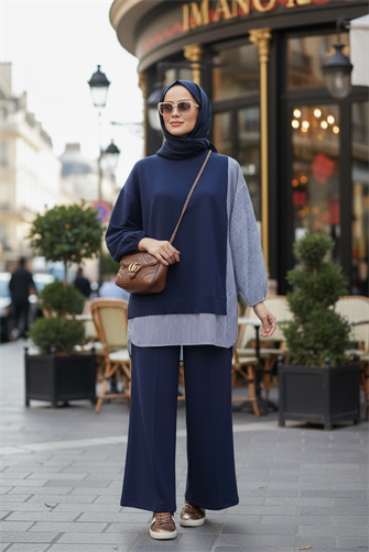 Line Gömlek Detaylı Tunikli İkili Takım | Cepli Bol Paça ve Tunikli Lacivert
