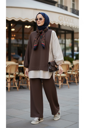 Çizgili Gömlek Detaylı Tunikli Acıkahve