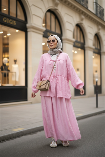 Pamuk Vual Kimono Etekli Takım | Astarlı  | 36-44 Beden Pembe
