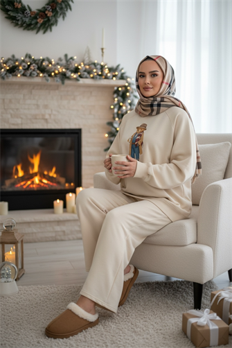 The Bear Society Özel Koleksiyon İkili Takım | Pamuklu Esnek Kumaş Ekru-Vanilya