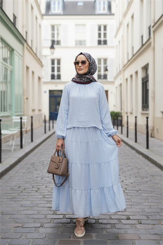 Pamuk Vual Astarlı Robalı Etekli Takım Mavi