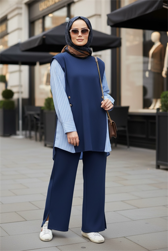 Liora Kadın Tesettür İkili Takım – Pamuklu İki İplik Gömlek Detaylı-Lacivert