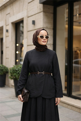 Kupra Kumaş Kemerli Ceket Etek Üçlü Takım – Siyah