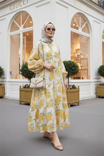 Pamuklu Çiçek Desenli Yazlık Robalı Elbise Sarı