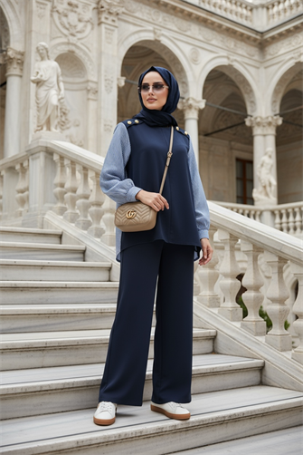 Maribel  İkili Takım – Çizgili Gömlek Detaylı Lacivert