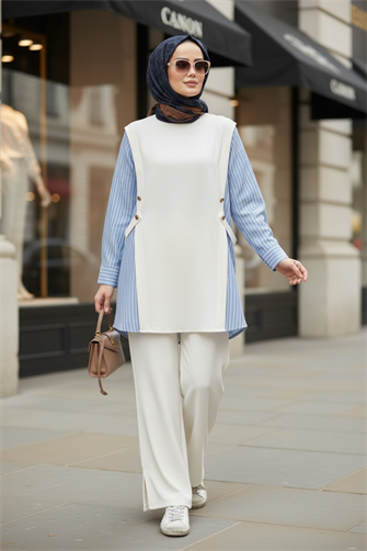 Liora Kadın Tesettür İkili Takım – Pamuklu İki İplik Gömlek Detaylı-Ekru