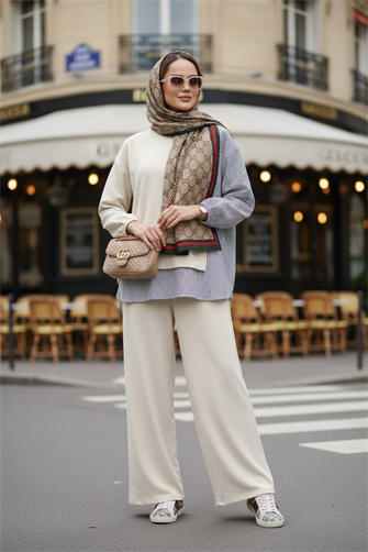 Çizgili Gömlek Detaylı Tunikli Vanilya