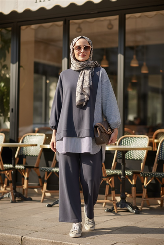 Line Gömlek Detaylı Tunikli İkili Takım | Cepli Bol Paça ve Tunikli  Antrasitgri