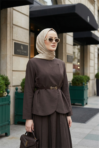 Kupra Kumaş Kemerli Ceket Etek Üçlü Takım – Acı Kahve