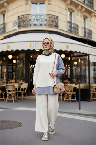 Line Gömlek Detaylı Tunikli İkili Takım | Cepli Bol Paça ve Tunikli Ekru