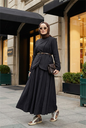 Kupra Kumaş Kemerli Ceket Etek Üçlü Takım – Siyah