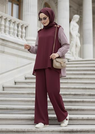 Maribel  İkili Takım – Çizgili Gömlek Detaylı Bordo 
