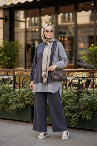 Line Gömlek Detaylı Tunikli İkili Takım | Cepli Bol Paça ve Tunikli  Antrasitgri
