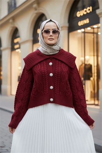 كارديغان محبوك بأزرار محبوك بأزرار مكتنزة كارديغان بورجوندي