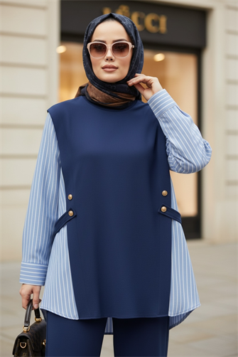 Liora Kadın Tesettür İkili Takım – Pamuklu İki İplik Gömlek Detaylı-Lacivert