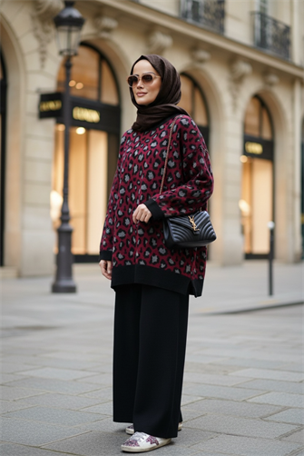 Leopar  Desenli Triko Takım Bordo