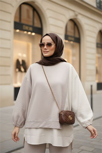 طقم قميص خطي طقم مزدوج بيج