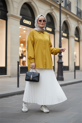 قميص منسوج بحجر اللؤلؤ أصفر