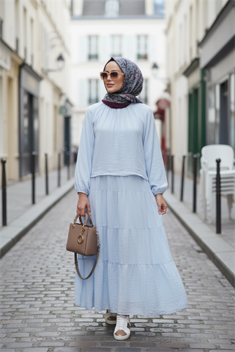 Pamuk Vual Astarlı Robalı Etekli Takım Mavi