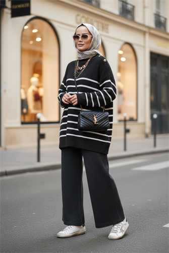 Kolyeli Çizgili Triko Takım Antrasit Gri