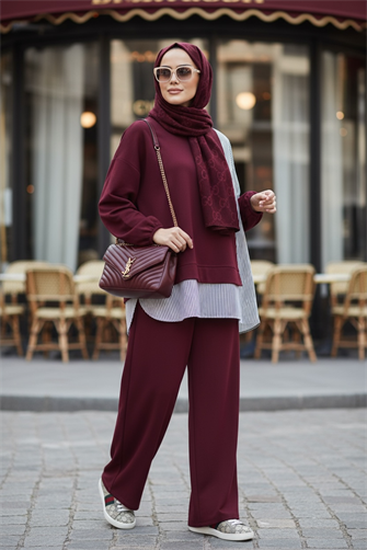 Çizgili Gömlek Detaylı Tunikli Bordo