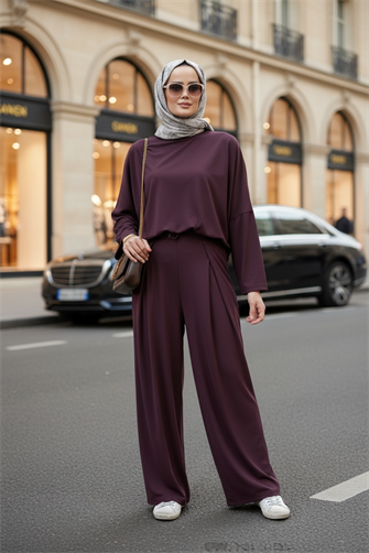 Light Touch Kumaş Pileli  Geniş Paça İkili Takım – Sezonsuz Tesettür Takım (36-50 Beden)Bordo