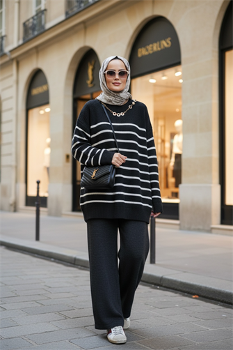 Kolyeli Çizgili Triko Takım Antrasit Gri