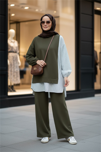 طقم قميص خطي مفصل أخضر مزدوج