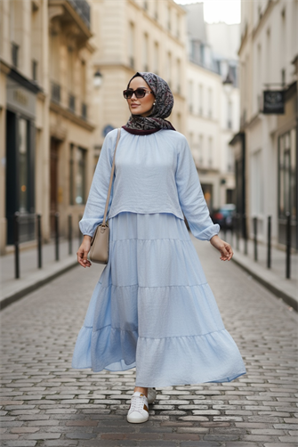 Pamuk Vual Astarlı Robalı Etekli Takım Mavi