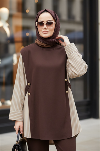 Liora Kadın Tesettür İkili Takım – Pamuklu İki İplik Gömlek Detaylı- Kahve