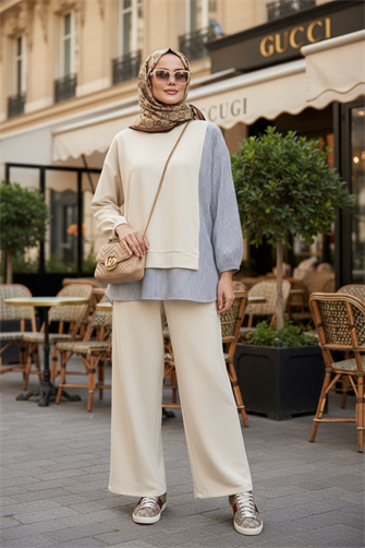 Çizgili Gömlek Detaylı Tunikli Vanilya