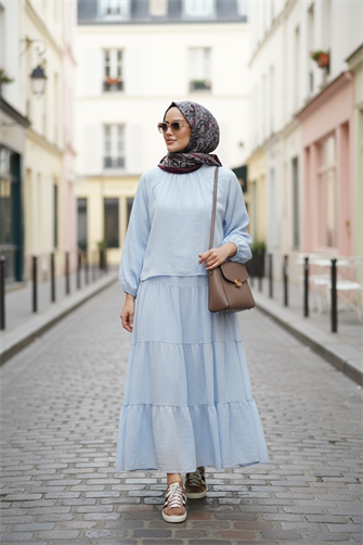 Pamuk Vual Astarlı Robalı Etekli Takım Mavi