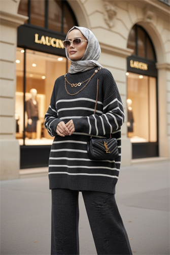 Kolyeli Çizgili Triko Takım Antrasit Gri