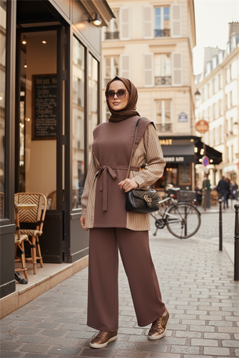 İki İplik Pamuklu Kuşaklı Tesettür Takım | Şık ve Rahat Günlük Kombin Kahve