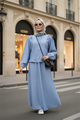 Çilek Kumaş Pamuklu Fırfırlı Gömlek Etekli Takım – Mavi