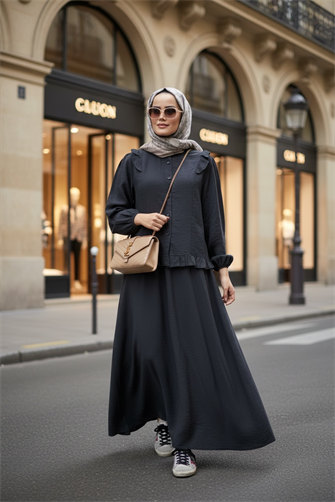 Pamuklu Fırfır Detaylı Yazlık Etekli Takım – Siyah