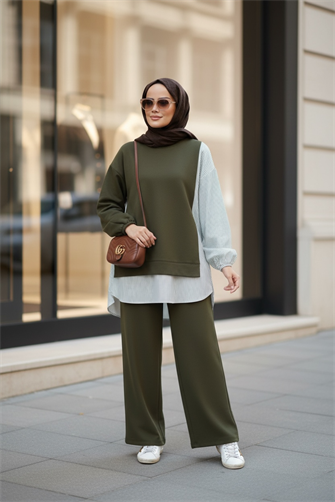 طقم قميص خطي مفصل أخضر مزدوج