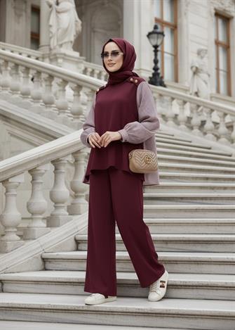 Maribel  İkili Takım – Çizgili Gömlek Detaylı Bordo 