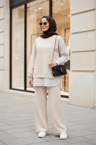 Kadın Tesettür Takım  Line İkili Gömlek Takım Vanilyarenk