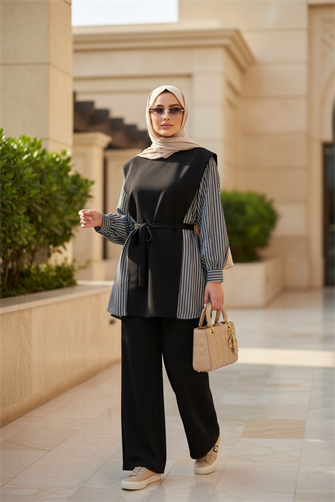 İki İplik Pamuklu Kuşaklı Tesettür Takım | Şık ve Rahat Günlük Kombin Ekru