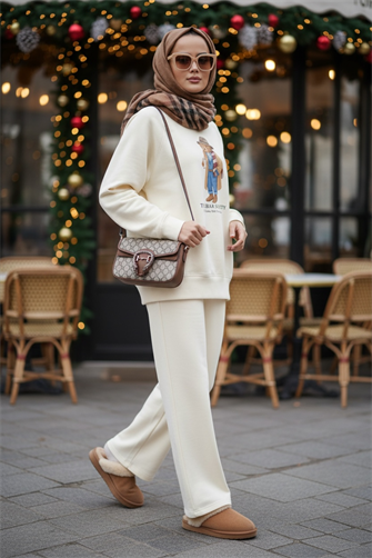 The Bear Society Özel Koleksiyon İkili Takım | Pamuklu Esnek Kumaş Ekru-Vanilya