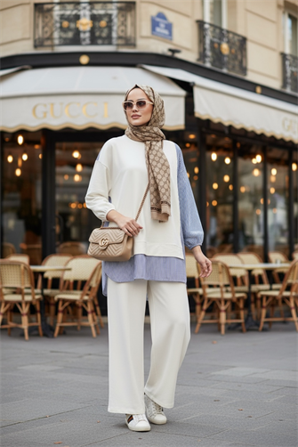 Line Gömlek Detaylı Tunikli İkili Takım | Cepli Bol Paça ve Tunikli Ekru