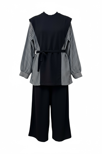 İki İplik Pamuklu Kuşaklı Tesettür Takım | Şık ve Rahat Günlük Kombin Ekru